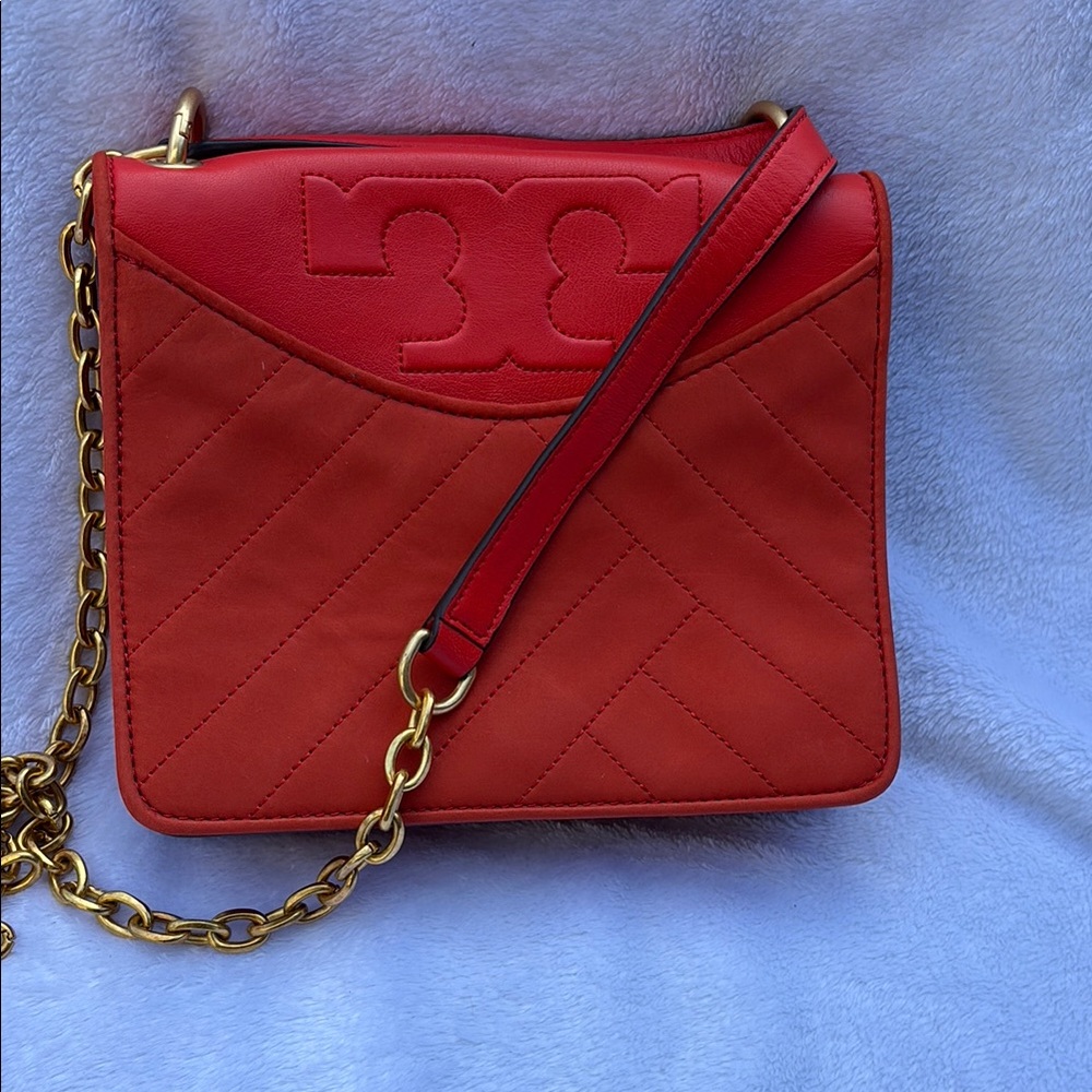 Tory Burch Red Gold Crossbody with Textured Leather